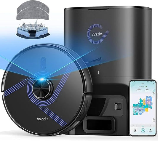 Vyzzle Robot Vacuum and Mop, 4-in-1 Robotic Vacuum Cleaner with Self-Emptying Base, 6000Pa Vacuum Robot with LiDAR Navigation, 60 Days Capacity, Ideal for Pet Hair, Hard Floors, Carpet, E20