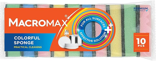 Macromax Colorful Sponge – 10‑Pack Flat Dish Sponges for Daily Kitchen Use – Bright Non-Scratch Sponges for Plates, Glasses, Silverware & Stovetops – Multipurpose Cleaning