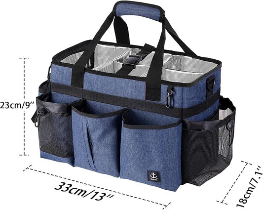 Large Wearable Cleaning Caddy Bag with Detachable Divider, Cleaning Organizer with Handles, Cleaning Supply Tote with Adjustable Shoulder Strap&Waist Belt for Cleaners & Housekeeper (Blue)