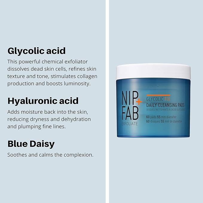 Nip+Fab Glycolic Acid Fix Daily Cleansing Pads for Face with Hyaluronic Acid, Witch Hazel, Exfoliating Resurfacing AHA Facial Cleanser for Exfoliation Even Skin Tone Brighten Skin, 60 Pads