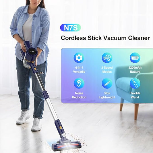 N7S Cordless Vacuum Cleaner, 6-in-1 Multifunction Cordless Vacuum, 210W Powerful Vacuum Cleaner, 6 Cell 2200mAh Stick Vacuum Cordless Rechargeable for Home (Indigo)