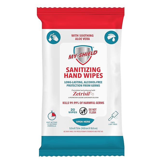 Sanitizing Hand Wipes - Travel Pack - 20 Count (12-pack) Alcohol-Free, Long-lasting Protection. Kills 99.9% of Germs. Moisturizes With Aloe Vera. Formulated with Zetrisil.