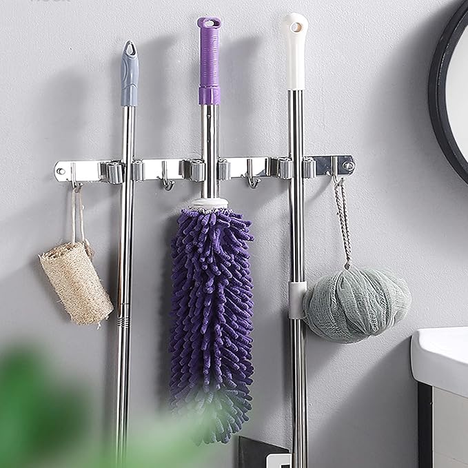 Broom Mop Holder Wall Mount Cleaning Tool holder, Heavy Duty Stainless Steel Broom Hanger Rack Hook Organizer, Garage Storag Racks wall Mounted Broom Hanger for Home, Kitchen, Garden, Garage, Landry