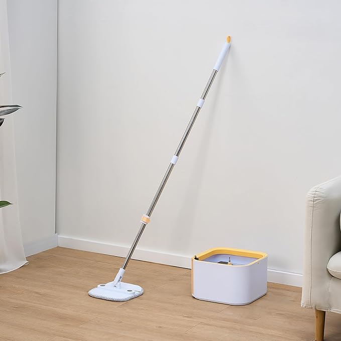 True & Tidy® TrueClean Mop and Bucket System Plus with New Easy Lift Inner Bucket, Self Wringing, Separates Clean from Dirty Water, Folding Mop Head, Dual Brush System, 6-pc Machine Washable Pads