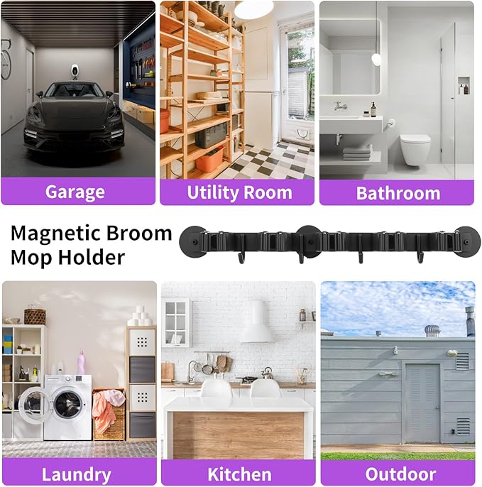 Magnetic Broom Holder Wall Mount - Heavy Duty Non-Slip Mop Hanger with 4 Hooks And 5 Rack, No Drill Tool Organizer for Refrigerator,Garage,Laundry Room (Black, 5Racks 4Hooks)