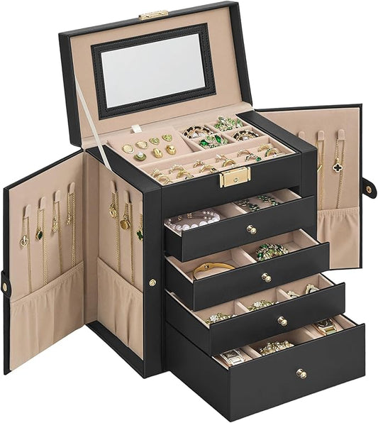 SONGMICS 5-Layer Jewelry Box Organizer with 4 Drawers, Jewelry Storage Case with Lock and Mirror, Large Storage Capacity, Gift for Loved Ones, for Necklaces, Watches, Ink Black UJBC153BZ01S