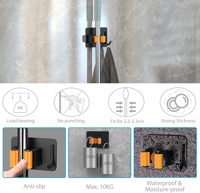 Mop Broom Holder No Drill, Mop Broom Organizer Wall Mounted Heavy Duty with Hooks Hanger, Self Adhesive Stainless Steel 4Pcs for Bathroom, Kitchen, Office (Orange)