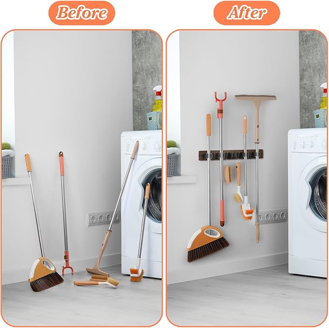 Brown Broom Holder Wall Mount - Heavy Duty Wood Mop and Broom Organizer with 5 Slots & 4 Hooks - Rustic Garden Tool Hanger for Laundry Room Closet Kitchen Garage Storage and Organization