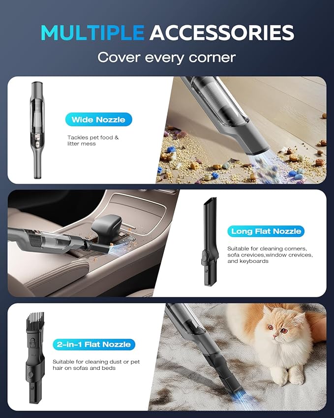 Zefiro Compact Powerful Cordless Handheld Vacuum, Rechargeable Portable Car Vacuum for Car & Pet Hair, XL Dust Cup, 25Kpa High Suction, Long Runtime, 2 Brushes, 2 Filters