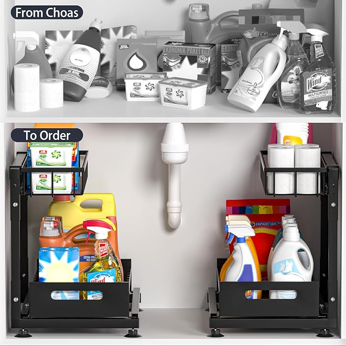 2 Pack Pro Under Sink Organizer Storage: Premium Metal 2-Tier Pull-Out Wire Basket Organizer, L Shape Height Adjustable, Easy Installation | Kitchen & Bathroom Cabinet Organizers