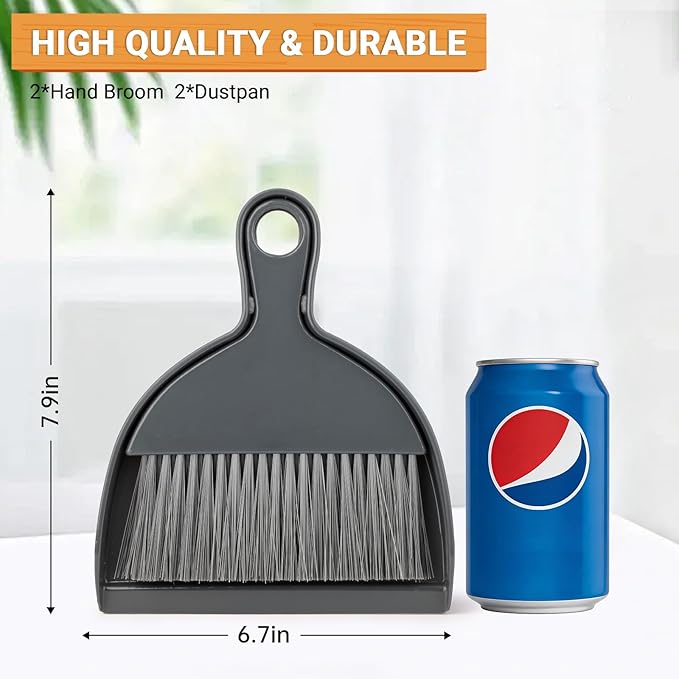 THINKLEARN 2PCS Small Dust Pan and Brush Set, Mini Broom and Dustpan Set, Compact and Hand Broom Combo Set for Cleaning, Dark Gray