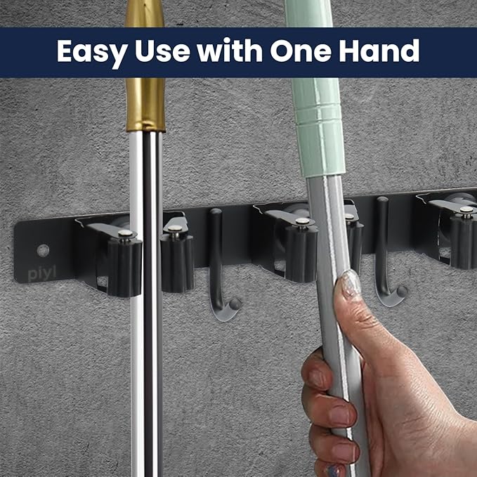 Piyl Mop and Broom Holder Wall Mount - 5 Racks and 4 Hooks Broom Hanger Mop Organizer Storage Tool Racks Stainless Steel Heavy Duty Utility Hooks for Home Kitchen Garden Laundry Garage Closet