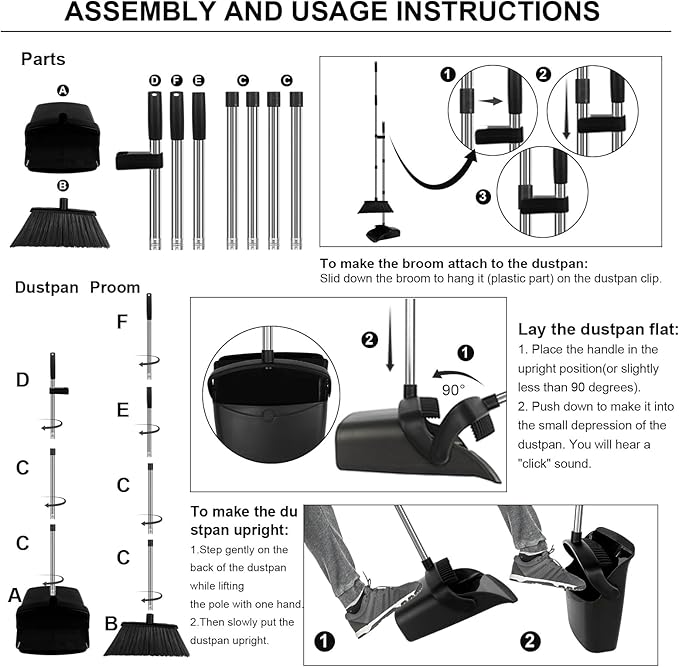 Upgraded Broom and Dustpan Set, 55" Long Handle Black Large Broom with Dustpan Combo Set，Self Cleaning Dustpan for Lobby Kitchen Office Restaurant