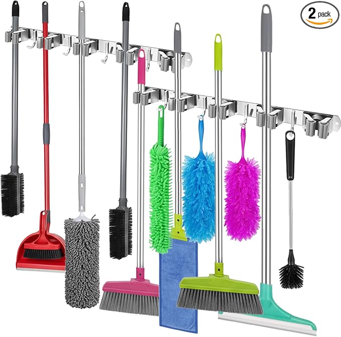 2 Pack Wall Mount Broom Holder, Self Adhesive 5 Racks and 4 Hooks Mop and Broom Organizer Storage Tool Racks Stainless Steel Heavy Duty for Home Kitchen Garden Laundry Garage