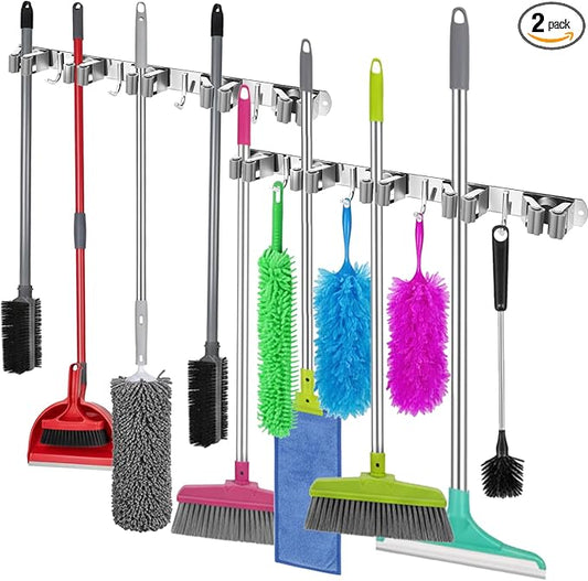 2 Pack Wall Mount Broom Holder, Self Adhesive 5 Racks and 4 Hooks Mop and Broom Organizer Storage Tool Racks Stainless Steel Heavy Duty for Home Kitchen Garden Laundry Garage