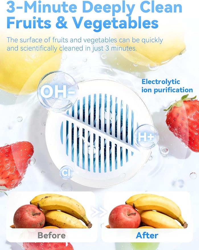 puriproduce Fruit and Vegetable Washing Machine, 3-Minute Clean, Ipx7 Waterproof, Electrolysis Purifier Technology, Magnetic Charging, Portable Food Purifier for Veggies, Fruit, Seafood & Meat (1PCS)