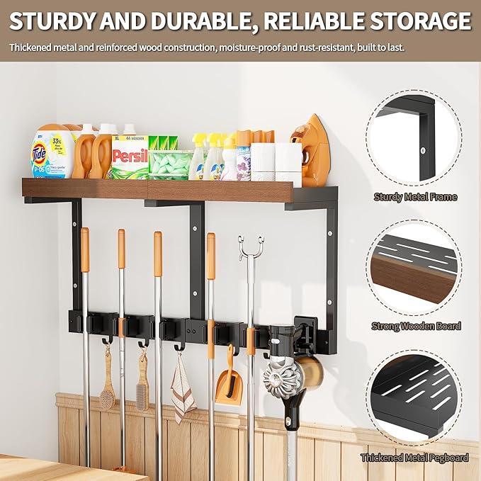 Broom Holder Wall Mount with Cleaning Supplies Organizer, Laundry Room Shelves with Mop Hanger Rack Gripper Hooks and Vacuum Organizer, Broom and Mop Organizer Wall Hanging for Home Garage Kitchen