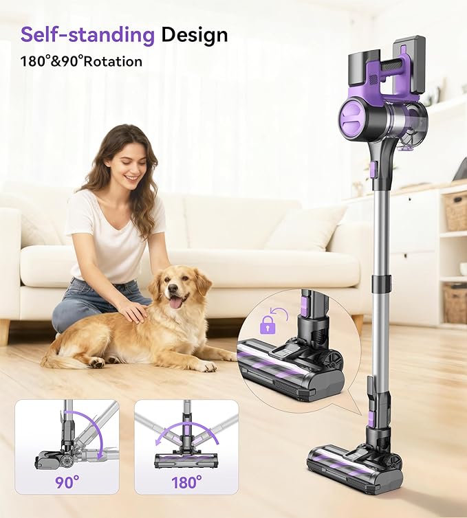 S10 Cordless Vacuum Cleaner, 55Kpa 60mins Lightweight Stick Vacuum with Powerful Suction for Home, Rechargeable, Self-Standing, Handheld Vacuum Cleaners for Hardwood Floors, Carpets, Purple