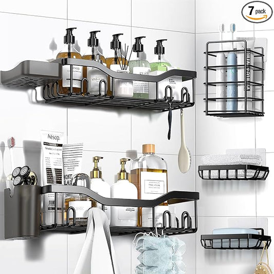 Shower Caddy Adhesive Shower Organizer 7-Pack, Rustproof Stainless Steel Bathroom Shelves, Large Capacity No-Drill Rack Storage Accessories with Soap Dish Toothbrush Holder &24 Hooks Home Decor