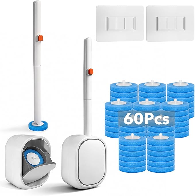 2-Pack Disposable Toilet Brush & Wand Kit, Wall-Mounted Auto-Closing Caddies with 60 Refills, Deep Cleaning System with Pre-Loaded Scrubber for Rust & Hard Water - Mess-Free Modern Design