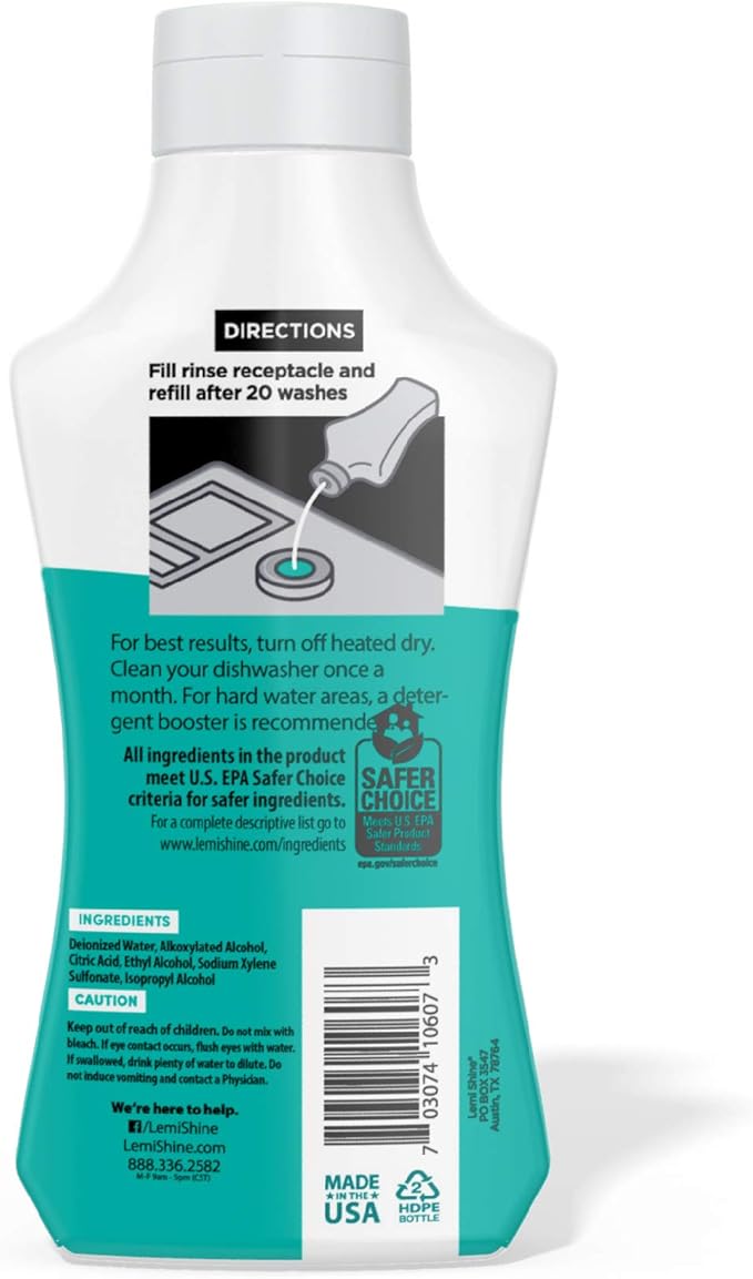 Lemi Shine - Shine + Dry Natural Dishwasher Rinse Aid, Hard Water Stain Remover (3 Pack)