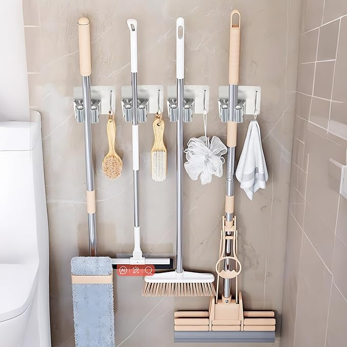 Mop and Broom Rack, Used for Hanging and organizing Tube-Shaped Tools Such as mops and Brooms, with Hooks, Elegantly Releasing Space, Suitable for bathrooms, Kitchens, Offices, etc (Black)