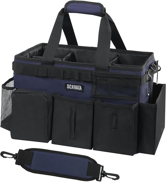Wearable Cleaning Caddy Bag, Cleaning Caddy Supplies Organizer with Handle & Shoulder Straps for Housekeepers, Under Sink & Car Cleaning Tool Organizers with 4 Foldable Divider Navy (DarkBlue)