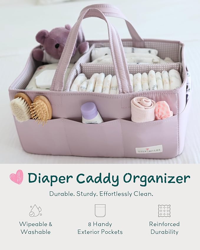 Lily Miles Baby Diaper Caddy Organizer, Wipeable Diaper Organizer Basket with 8 Pockets for Newborn Essentials, Baby Shower Gifts, Nursery Tote Bag for Changing Table or Car (Rosy Lilac, Large)