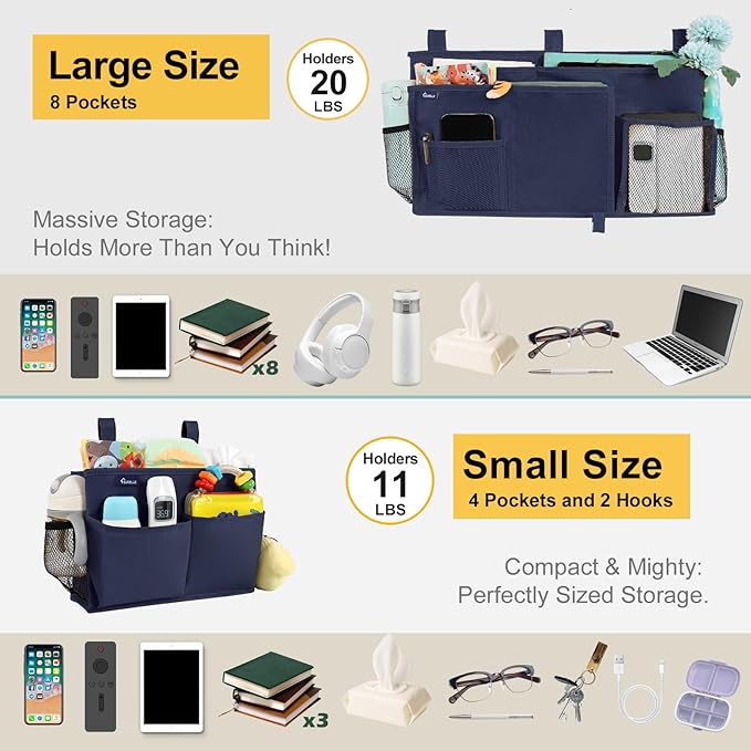 Surblue Bedside Caddy Bunk Bed Storage Organizer Hanging Pockets for College Dorm Rooms, Hospital Beds, Baby Bed Rails, Camping, RV, Small and Large Set, Blue