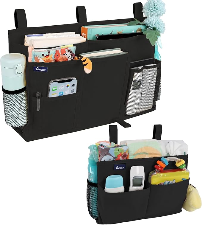 Surblue Bedside Caddy Bunk Bed Storage Organizer Hanging Pockets for College Dorm Rooms, Hospital Beds, Baby Bed Rails, Camping, RV, Small and Large Set, Black