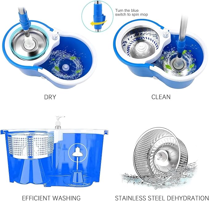 Spin Mop and Bucket with Wringer Set, 360° Spin Mop & Bucket Floor Cleaning System Mop Bucket with 61" Adjustable Extended Handle 3 Replacement Microfiber Refills, Set of 2