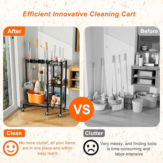 Broom and Mop Holder with Cleaning Supplies Organizer, Narrow Cleaning Cart with Cleaning Caddy, 25.6"W Medium Cleaning Rack with Grippers Rack Hooks for Housekeeping Laundry Room Organization