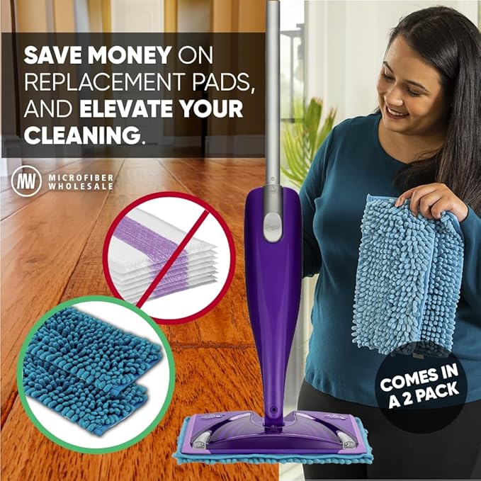 Microfiber Wholesale 10" Dry & Wet Mucho Mop Pads - Compatible with Swiffer Wet Jet - Reusable & Washable Microfiber Mop Heads, 2 Pack