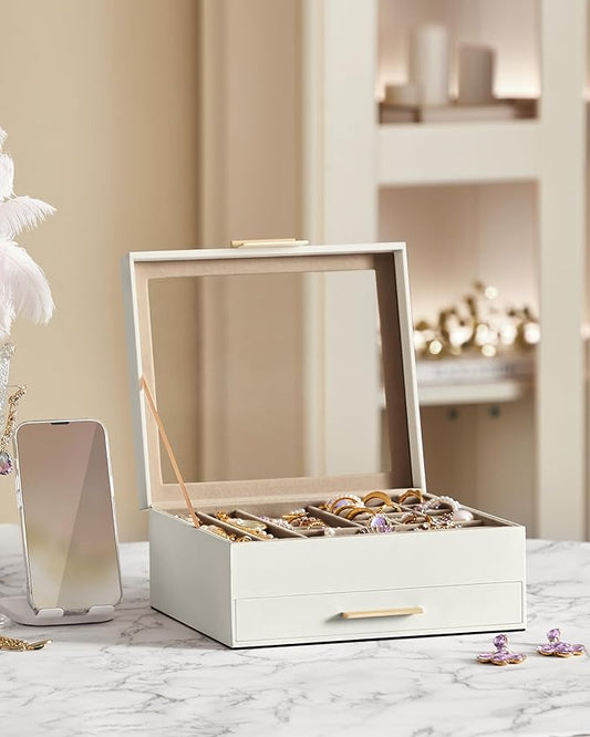 SONGMICS GISELLA Collection - Jewelry Box Organizer, 2-Layer Jewelry Storage with 1 Drawer, Shiny Metal Hardware, Glass Lid, Modern, 8 x 9.1 x 4.1 Inches, Cloud White and Gold Color UJBC174W01