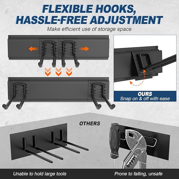 Housolution Heavy Duty Garage Wall Organizer 96 Inch - 20Pack Carries 720 lbs, Garage Tool Storage System, 6 Rails with 12 Adjustable Metal Hooks, Garden Yard Shed Rack for Rake Broom Mop Snowboard