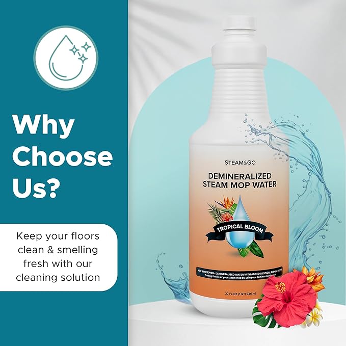 Steam & Go Demineralized Water for Steam Cleaner - PVC-Free Floor Cleaning Solution Compatible for All Steam Mops - Multi-Surface Cleaner for Home Surfaces - Tropical Bloom Scent, 32 oz (Pack of 18)
