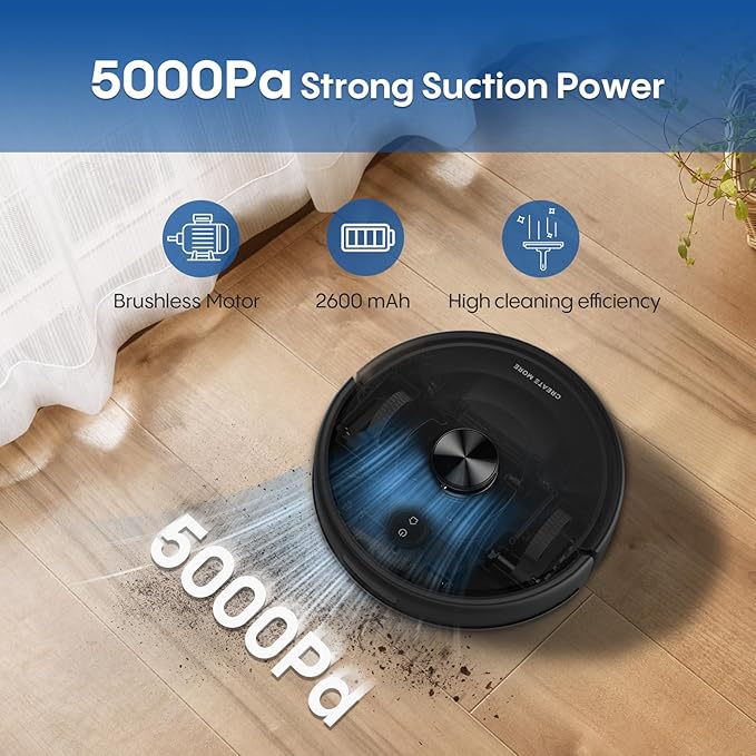 Robot Vacuum and Mop with LiDAR Navigation, 5000Pa Robotic Vacuums with Mapping, Automatic Self-Recharging, 2.4G WiFi/App/Alexa/Remote Control for Pet Hair,Hard Floor,Carpet