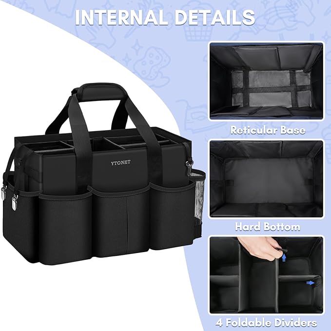 Ytonet Extra Large Cleaning Caddy Bag with 4 Foldable Dividers, Wearable Cleaning Caddy Organizer with Handle & Shoulder Strap & Waist Strap, Housekeeping Tote for Cleaners, Black Grey