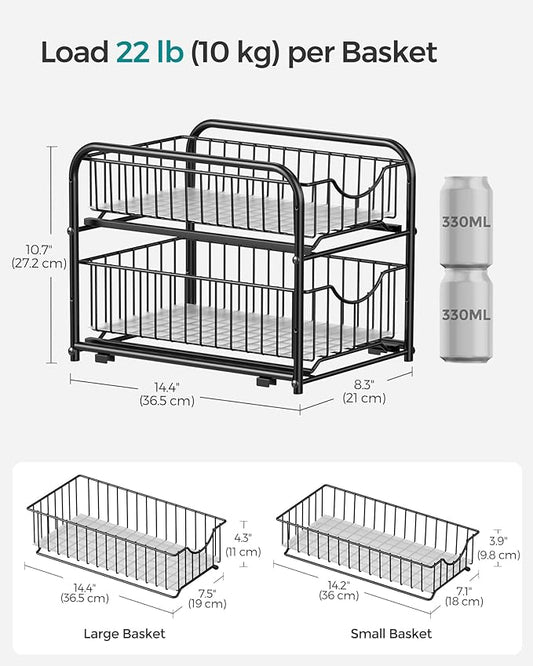 SONGMICS 4-Tier Pull Out Cabinet Organizers, Under Sink Organizer, Bathroom Organizer and Storage, Sliding Basket Drawers, Stackable for Kitchen, Bathroom, Ink Black UKCS017B02