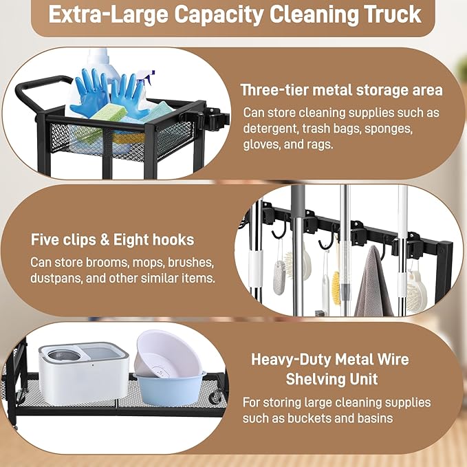 Broom Cart with Cleaning Supplie Organizer,Cleaning Cart with 8 Mop Hanger Gripper Rack Hooks 3-tier Storage Rack and 1 Large Shelf Cleaning Cart Organizer Suitable for Home and Commercial Use
