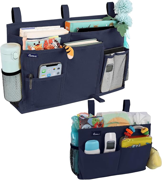 Surblue Bedside Caddy Bunk Bed Storage Organizer Hanging Pockets for College Dorm Rooms, Hospital Beds, Baby Bed Rails, Camping, RV, Small and Large Set, Blue