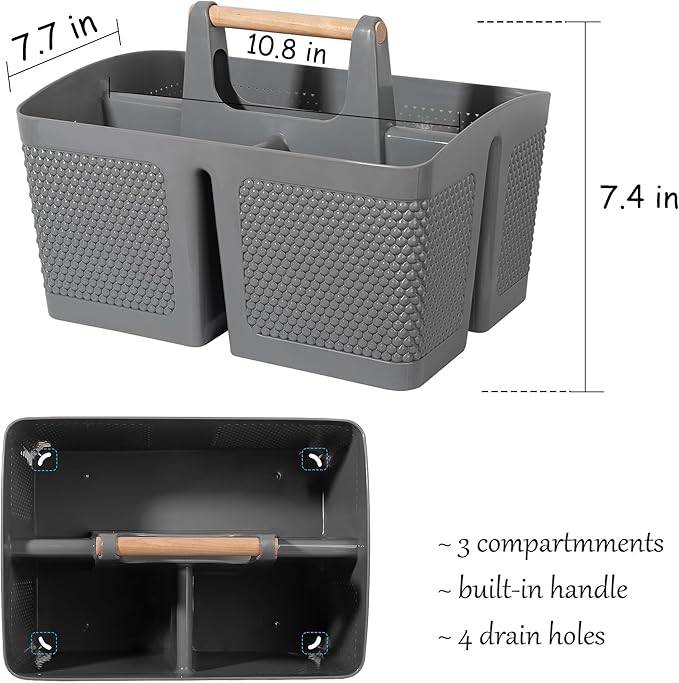 rejomiik Portable Shower Caddy Basket Plastic Cleaning Caddy Organizer Storage Tote with Handle for Bathroom, College, Dorm Room Essentials, Gray