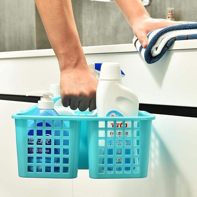 ALINK Plastic Shower Caddy Basket with Compartments, Portable Divided Cleaning Supply Storage Organizer with Handle for College Dorm Bathroom -Blue