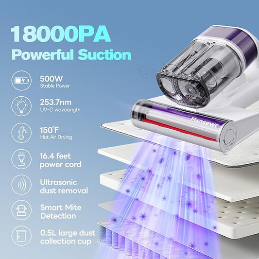 Mattress Vacuum Cleaner, 18Kpa Handheld Bed Vacuum Cleaner with 253.7nm UV-C Light, HEPA Filter & Ultrasoni, 150℉ Heat, Smart Dual Cup, and One-Click ash Removal for Bed, Sofa(White)