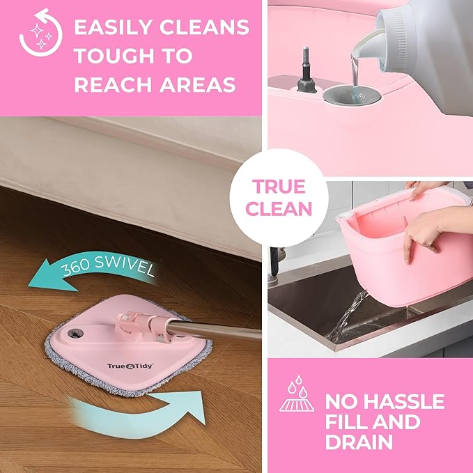 Square Spin Mop & Bucket Smart Floor Mop with Separate Compartments for Clean and Dirty Water, Self Cleaning 2025 Upgraded Version w/Side Brush & Self-Standing Handle, Rose