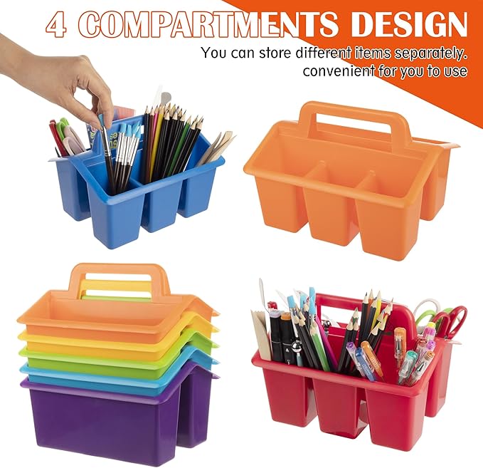 Plastic Caddy With Handle,Protable Classroom Craft Caddy, 6-pack Storage Caddy For Pencil,Pen,Craft Tools (Rainbow Color)