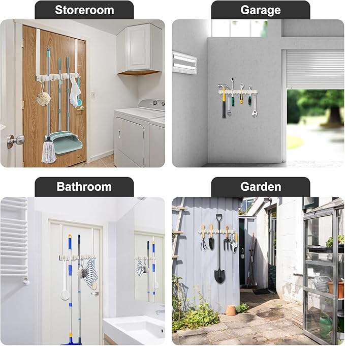 Over Door Movable Broom and Mop Hanging Holder with Sliding 4 Rack 5 Hook, Metal Mop and Broom Holder Wall Mount with 2 Over Door Hook, Door Mount Storage Organizer for Closet Garage Laundry, White