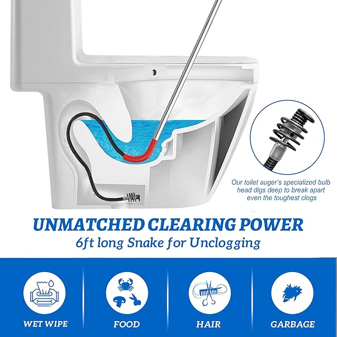 6 Ft Toilet Auger Snake Model K-6P 56658 Toilet Snake for Unclogging with 6-Foot Snake and Bulb Head, Heavy Duty Toilet Auger Snake for Unclogging Toilets for Home, Office, School, More