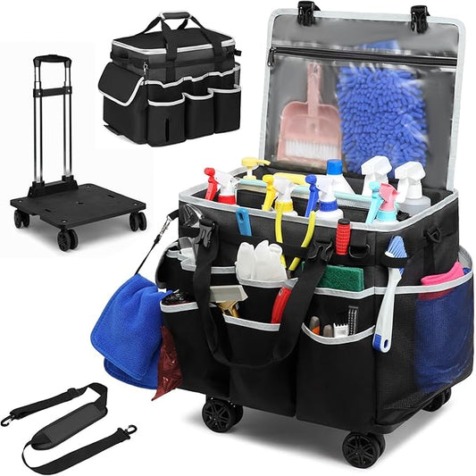 Large Rolling Cleaning Caddy Bag with Detachable Trolley, Full Support Plates for Professional Cleaning Supplies Bag, Organizer Bag with 4 Universal Wheels for Housekeepers, Car Wash, Office, Picnic