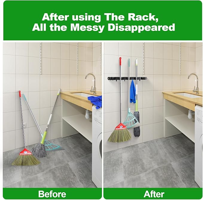 Mop and Broom Holder Wall Mount, 3 Racks with 4 Hooks, Stainless Steel Broom Organizer, Self Adhesive or Screw Mounted, Heavy Duty Storage for Home Kitchen Laundry Garage (black)